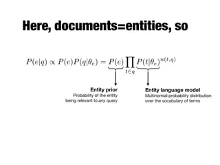 Here, documents=entities, so
P(e|q) / P(e)P(q|✓e) = P(e)
Y
t2q
P(t|✓e)n(t,q)
Entity prior
Probability of the entity
being relevant to any query
Entity language model
Multinomial probability distribution
over the vocabulary of terms
 