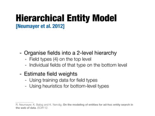 Hierarchical Entity Model
[Neumayer et al. 2012]
- Organise ﬁelds into a 2-level hierarchy
- Field types (4) on the top level
- Individual ﬁelds of that type on the bottom level
- Estimate ﬁeld weights
- Using training data for ﬁeld types
- Using heuristics for bottom-level types
R. Neumayer, K. Balog and K. Nørvåg. On the modeling of entities for ad-hoc entity search in
the web of data. ECIR'12.
 