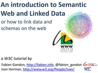 An introduction to Semantic
Web and Linked Data
or how to link data and
schemas on the web
a W3C tutorial by
Fabien Gandon, http://fabien.info, @fabien_gandon
Ivan Herman, http://www.w3.org/People/Ivan/
 