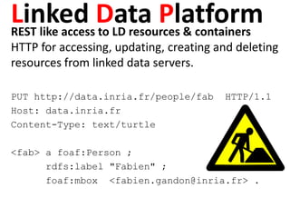 Linked Data PlatformREST like access to LD resources & containers
HTTP for accessing, updating, creating and deleting
resources from linked data servers.
PUT http://data.inria.fr/people/fab HTTP/1.1
Host: data.inria.fr
Content-Type: text/turtle
<fab> a foaf:Person ;
rdfs:label "Fabien" ;
foaf:mbox <fabien.gandon@inria.fr> .
 