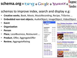 schema.org
schemas to improve index, search and display e.g:
• Creative works, Book, Movie, MusicRecording, Recipe, TVSeries ...
• Embedded non-text objects, AudioObject, ImageObject, VideoObject
• Event
• Organization
• Person
• Place, LocalBusiness, Restaurant ...
• Product, Offer, AggregateOffer
• Review, AggregateRating
= + + +
 