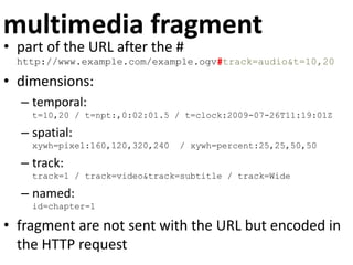 multimedia fragment
• part of the URL after the #
http://www.example.com/example.ogv#track=audio&t=10,20
• dimensions:
– temporal:
t=10,20 / t=npt:,0:02:01.5 / t=clock:2009-07-26T11:19:01Z
– spatial:
xywh=pixel:160,120,320,240 / xywh=percent:25,25,50,50
– track:
track=1 / track=video&track=subtitle / track=Wide
– named:
id=chapter-1
• fragment are not sent with the URL but encoded in
the HTTP request
 