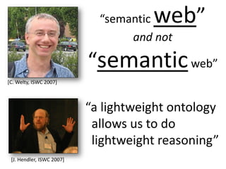 “semantic web”
and not
“semanticweb”
[C. Welty, ISWC 2007]
“a lightweight ontology
allows us to do
lightweight reasoning”
[J. Hendler, ISWC 2007]
 