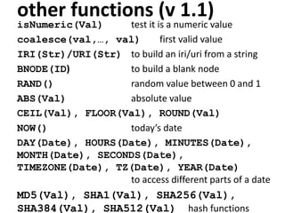 other functions (v 1.1)
isNumeric(Val) test it is a numeric value
coalesce(val,…, val) first valid value
IRI(Str)/URI(Str) to build an iri/uri from a string
BNODE(ID) to build a blank node
RAND() random value between 0 and 1
ABS(Val) absolute value
CEIL(Val), FLOOR(Val), ROUND(Val)
NOW() today’s date
DAY(Date), HOURS(Date), MINUTES(Date),
MONTH(Date), SECONDS(Date),
TIMEZONE(Date), TZ(Date), YEAR(Date)
to access different parts of a date
MD5(Val), SHA1(Val), SHA256(Val),
SHA384(Val), SHA512(Val) hash functions
 