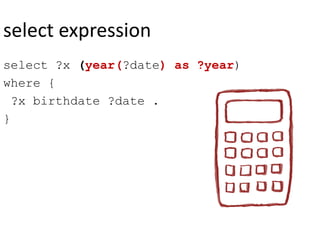 select expression
select ?x (year(?date) as ?year)
where {
?x birthdate ?date .
}
 