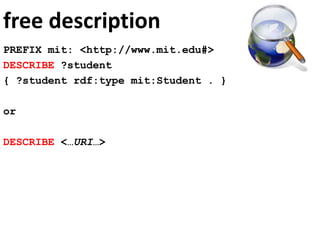 free description
PREFIX mit: <http://www.mit.edu#>
DESCRIBE ?student
{ ?student rdf:type mit:Student . }
or
DESCRIBE <…URI…>
 