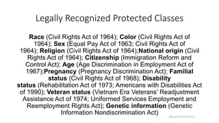 Legally Recognized Protected Classes
Race (Civil Rights Act of 1964); Color (Civil Rights Act of
1964); Sex (Equal Pay Act of 1963; Civil Rights Act of
1964); Religion (Civil Rights Act of 1964);National origin (Civil
Rights Act of 1964); Citizenship (Immigration Reform and
Control Act); Age (Age Discrimination in Employment Act of
1967);Pregnancy (Pregnancy Discrimination Act); Familial
status (Civil Rights Act of 1968); Disability
status (Rehabilitation Act of 1973; Americans with Disabilities Act
of 1990); Veteran status (Vietnam Era Veterans' Readjustment
Assistance Act of 1974; Uniformed Services Employment and
Reemployment Rights Act); Genetic information (Genetic
Information Nondiscrimination Act) [Boracas & Hardt 2017]
 
