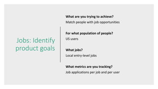 Jobs: Identify
product goals
What are you trying to achieve?
Match people with job opportunities
For what population of people?
US users
What jobs?
Local entry-level jobs
What metrics are you tracking?
Job applications per job and per user
 