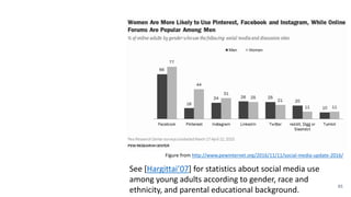 Example:
Different user
demographics on
different social
platforms
65
See [Hargittai’07] for statistics about social media use
among young adults according to gender, race and
ethnicity, and parental educational background.
Figure from http://www.pewinternet.org/2016/11/11/social-media-update-2016/
 