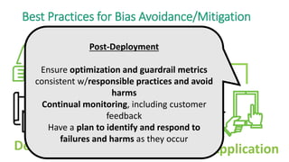 Design Data Model Application
Best Practices for Bias Avoidance/Mitigation
Post-Deployment
Ensure optimization and guardrail metrics
consistent w/responsible practices and avoid
harms
Continual monitoring, including customer
feedback
Have a plan to identify and respond to
failures and harms as they occur
 