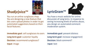 Shad(e)vice™ LyricGram™
You have a music website for online
discussion of song lyrics. In response to
seeing increasing levels of online abuse,
you design an automated comment
moderation system.
Immediate goal: prevent distress
Long term goal: increase engagement
Decision: block comment?
Input: text
You run an online sunglasses shop.
You are designing a new feature that
lets users upload photos in order to get
automated suggestions based on their
facial features.
Immediate goal: sell sunglasses to users
Long term goal: customer loyalty
Decision: recommend sunglasses?
Input: image
 