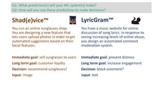 Shad(e)vice™ LyricGram™
You have a music website for online
discussion of song lyrics. In response to
seeing increasing levels of online abuse,
you design an automated comment
moderation system.
Immediate goal: prevent distress
Long term goal: increase engagement
Decision: block comment?
Input: text
You run an online sunglasses shop.
You are designing a new feature that
lets users upload photos in order to get
automated suggestions based on their
facial features.
Immediate goal: sell sunglasses to users
Long term goal: customer loyalty
Decision: recommend sunglasses?
Input: image
Q1: What prediction(s) will your ML system(s) make?
Q2: How will you use these predictions to make decisions?
 