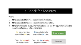 3. Check for Accuracy
Verify:
1. If the requested feminine translation is feminine.
2. If the requested masculine translat...
