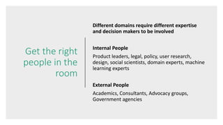 Get the right
people in the
room
Different domains require different expertise
and decision makers to be involved
Internal...