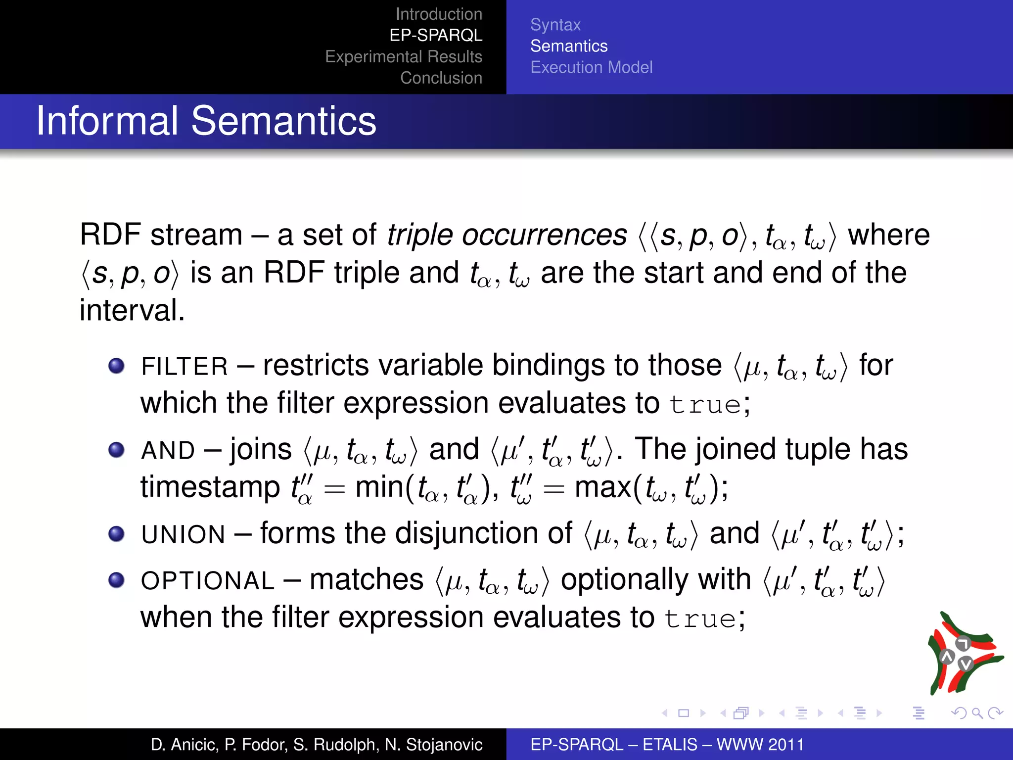Introduction
                                                        Syntax
                                      EP-SPARQL
                                                        Semantics
                               Experimental Results
                                                        Execution Model
                                        Conclusion


Informal Semantics

  RDF stream – a set of triple occurrences s, p, o , tα , tω where
   s, p, o is an RDF triple and tα , tω are the start and end of the
  interval.
      FILTER – restricts variable bindings to those µ, tα , tω for
      which the ﬁlter expression evaluates to true;
      AND – joins µ, tα , tω and µ , tα , tω . The joined tuple has
      timestamp tα = min(tα , tα ), tω = max(tω , tω );
      UNION       – forms the disjunction of µ, tα , tω and µ , tα , tω ;
      OPTIONAL  – matches µ, tα , tω optionally with µ , tα , tω
      when the ﬁlter expression evaluates to true;



       D. Anicic, P. Fodor, S. Rudolph, N. Stojanovic   EP-SPARQL – ETALIS – WWW 2011
 