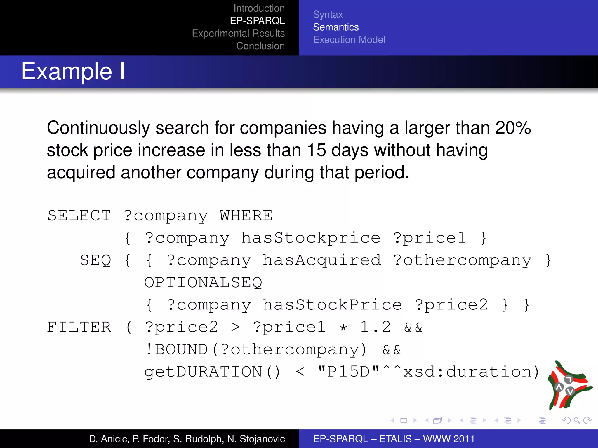 Introduction
                                                        Syntax
                                      EP-SPARQL
                                                        Semantics
                               Experimental Results
                                                        Execution Model
                                        Conclusion


Example I

  Continuously search for companies having a larger than 20%
  stock price increase in less than 15 days without having
  acquired another company during that period.

  SELECT ?company WHERE
         { ?company hasStockprice ?price1 }
     SEQ { { ?company hasAcquired ?othercompany }
           OPTIONALSEQ
           { ?company hasStockPrice ?price2 } }
  FILTER ( ?price2 > ?price1 * 1.2 &&
           !BOUND(?othercompany) &&
           getDURATION() < "P15D"ˆˆxsd:duration)


       D. Anicic, P. Fodor, S. Rudolph, N. Stojanovic   EP-SPARQL – ETALIS – WWW 2011
 