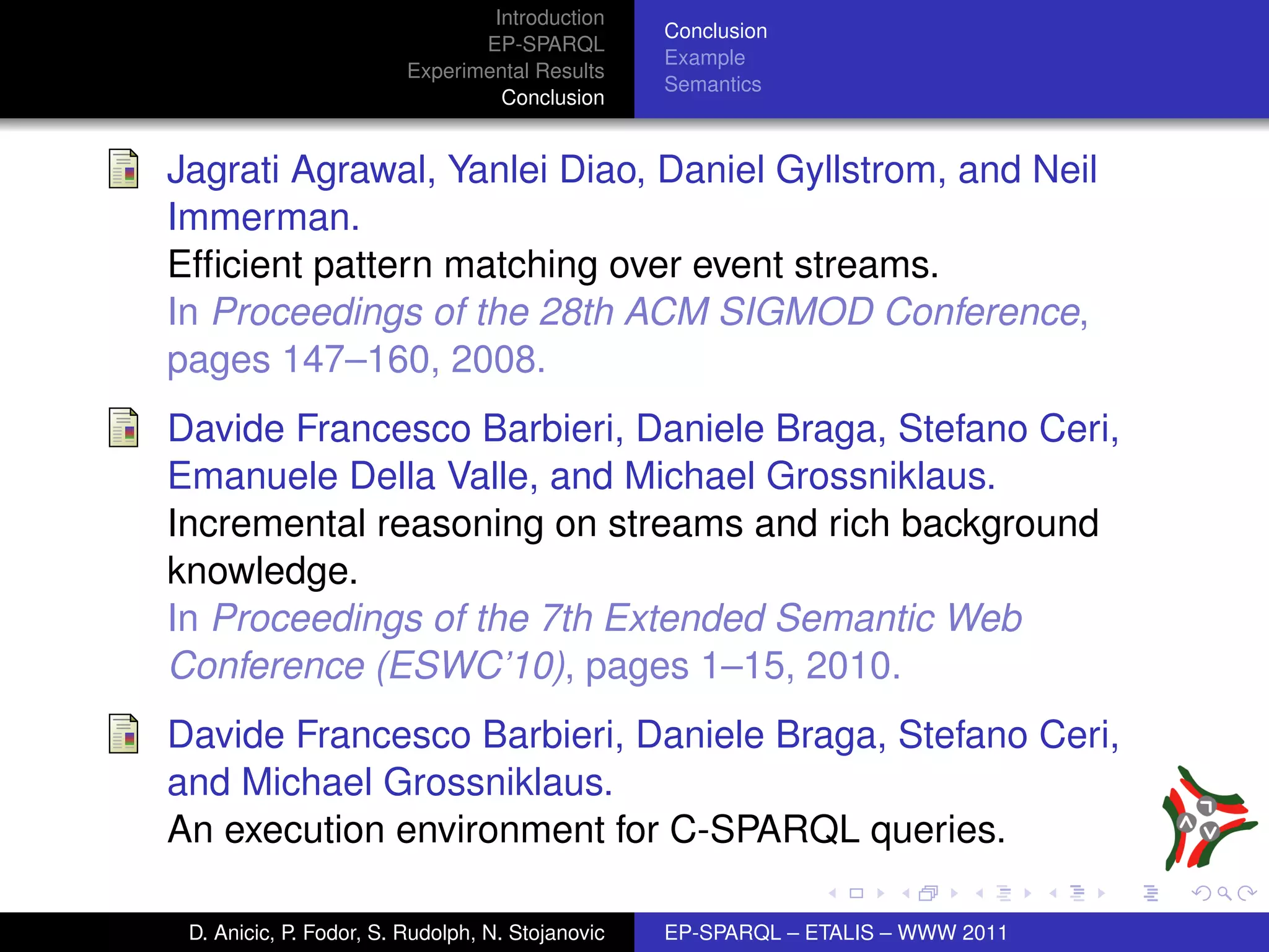 Introduction
                                                  Conclusion
                                EP-SPARQL
                                                  Example
                         Experimental Results
                                                  Semantics
                                  Conclusion


Jagrati Agrawal, Yanlei Diao, Daniel Gyllstrom, and Neil
Immerman.
Efﬁcient pattern matching over event streams.
In Proceedings of the 28th ACM SIGMOD Conference,
pages 147–160, 2008.
Davide Francesco Barbieri, Daniele Braga, Stefano Ceri,
Emanuele Della Valle, and Michael Grossniklaus.
Incremental reasoning on streams and rich background
knowledge.
In Proceedings of the 7th Extended Semantic Web
Conference (ESWC’10), pages 1–15, 2010.
Davide Francesco Barbieri, Daniele Braga, Stefano Ceri,
and Michael Grossniklaus.
An execution environment for C-SPARQL queries.

 D. Anicic, P. Fodor, S. Rudolph, N. Stojanovic   EP-SPARQL – ETALIS – WWW 2011
 
