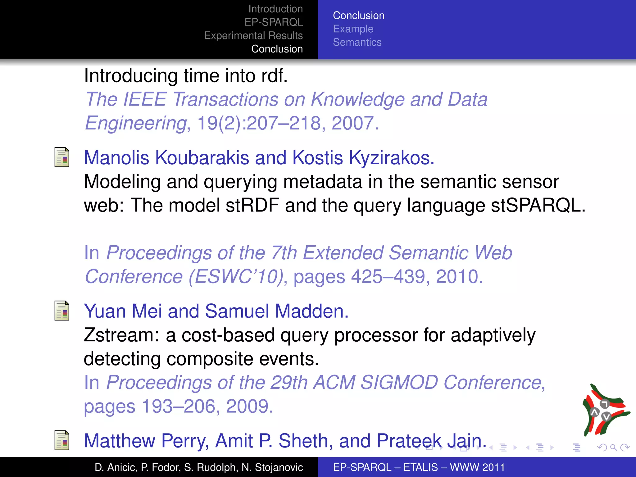 Introduction
                                                  Conclusion
                                EP-SPARQL
                                                  Example
                         Experimental Results
                                                  Semantics
                                  Conclusion

Introducing time into rdf.
The IEEE Transactions on Knowledge and Data
Engineering, 19(2):207–218, 2007.
Manolis Koubarakis and Kostis Kyzirakos.
Modeling and querying metadata in the semantic sensor
web: The model stRDF and the query language stSPARQL.

In Proceedings of the 7th Extended Semantic Web
Conference (ESWC’10), pages 425–439, 2010.
Yuan Mei and Samuel Madden.
Zstream: a cost-based query processor for adaptively
detecting composite events.
In Proceedings of the 29th ACM SIGMOD Conference,
pages 193–206, 2009.
Matthew Perry, Amit P. Sheth, and Prateek Jain.
 D. Anicic, P. Fodor, S. Rudolph, N. Stojanovic   EP-SPARQL – ETALIS – WWW 2011
 