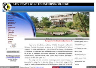 The Institute
           Imp Functionaries
           News Archives
           Societies
           Academics
           Admissions &
           Registration
           Growth
           Departments
           R&D
           Training &
           Placement
           Events
           Social Activities
           Seminars
           Students                                                                  Welcome                                            Quick Links
           Hostels                                                                  Recipient of the Academic Excellence Award for the Merit List'10-11
                                                                                                                             University
                                                                                                                                        second successive yea
           Alumni
                                                   Ajay Kumar Garg Engineering College (AKGEC), Ghaziabad is affiliated to             TIFAC-CORE Programs

                                         Mahamaya Technical University and is approved by the All India Council for Technical
                                                                                                                                       Anti-Ragging Campaign
                                         Education. The college was established in 1998 and offers B.Tech Courses in Six disciplines

          search AKGECGo                 of Engineering. The college also offers postgraduate course in Computer Applications (MCA)    AKGEC-KUKA
                                         and M.Tech in Automation and Robotics, Electronics & Communication Engineering,
                                                                                                                                       AKGIM-PGDM Program
        Mandatory Disclosure             Computer Science, Electrical Power & Energy Systems and VLSI Design. The college is
        Anti-Ragging Affidavit           certified for ISO 9001-2008 by BSI, UK.                                                       AKGEC Journal of Tech.
          Visitor Number :
                                                   The college has been consistently maintaining excellent academic results and
              1403312                                                                                                                  Manuscripts for Tech.
                                         placements. The college has the distinction of being the first and only college in UP to
                                         receive the Academic Excellence Award for the Best Engineering College in UPTU from H.E.      Journals

open in browser PRO version      Are you a developer? Try out the HTML to PDF API              New hot app: Facebook Albums To PDF                              pdfcrowd.com
 