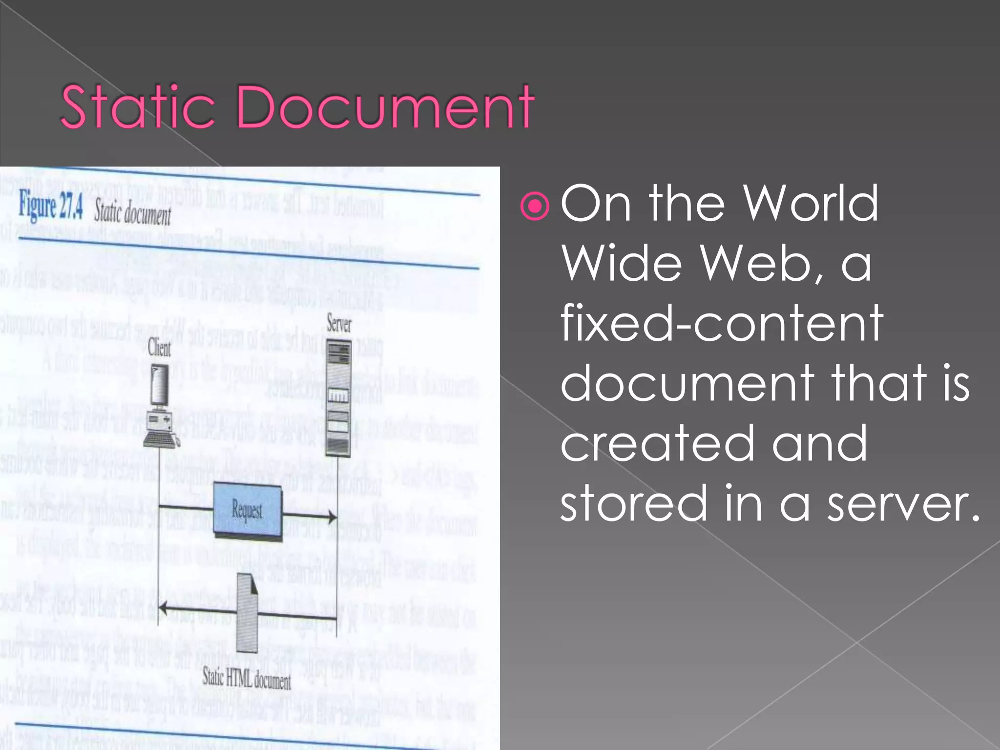  On the World
 Wide Web, a
 fixed-content
 document that is
 created and
 stored in a server.
 