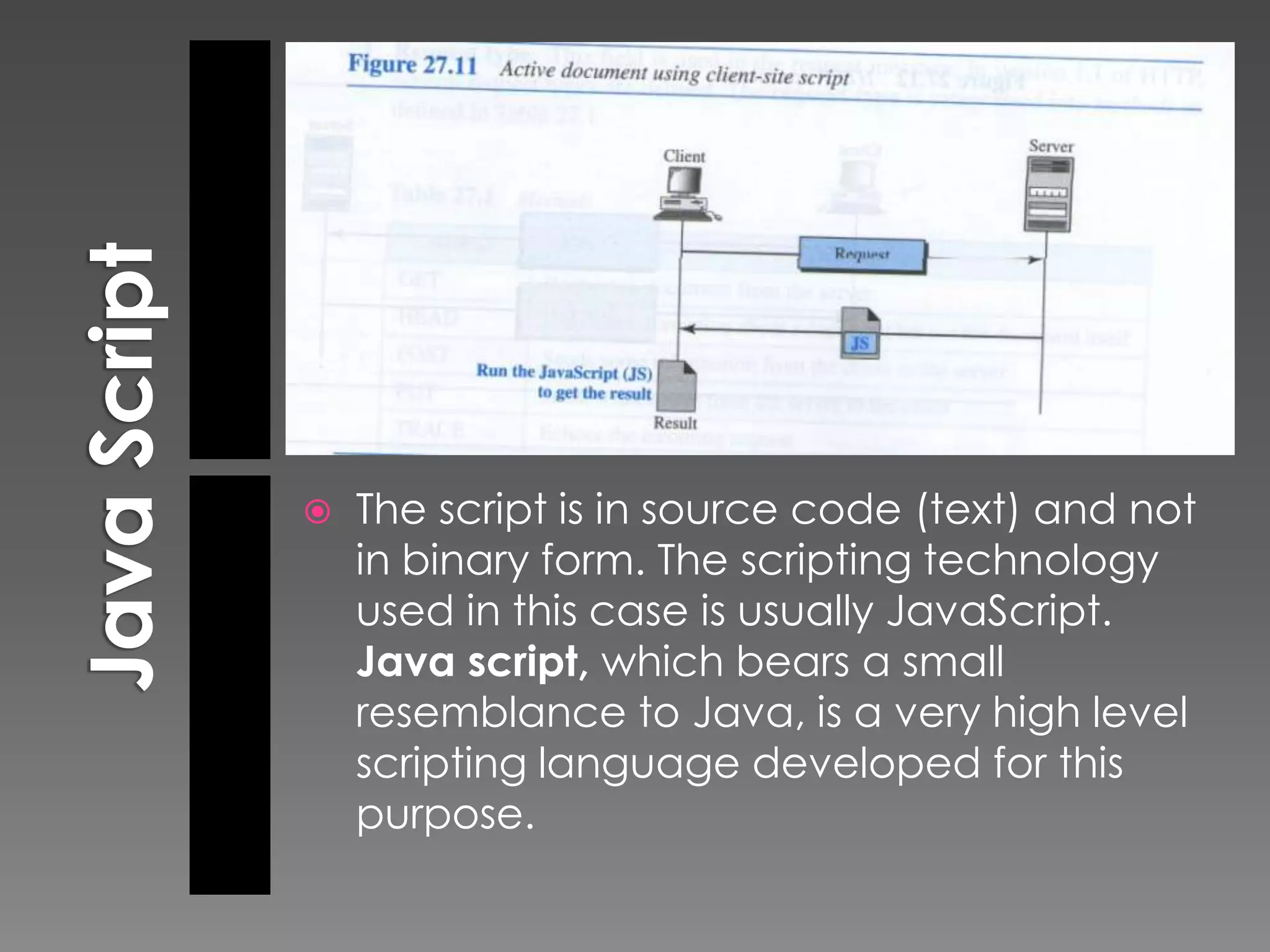    The script is in source code (text) and not
    in binary form. The scripting technology
    used in this case is usually JavaScript.
    Java script, which bears a small
    resemblance to Java, is a very high level
    scripting language developed for this
    purpose.
 
