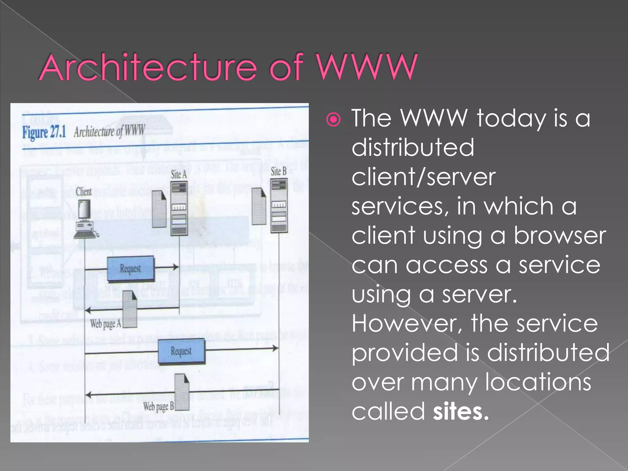    The WWW today is a
    distributed
    client/server
    services, in which a
    client using a browser
    can access a service
    using a server.
    However, the service
    provided is distributed
    over many locations
    called sites.
 