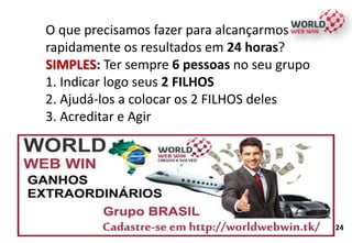 O que precisamos fazer para alcançarmos
rapidamente os resultados em 24 horas?
SIMPLES: Ter sempre 6 pessoas no seu grupo
1. Indicar logo seus 2 FILHOS
2. Ajudá-los a colocar os 2 FILHOS deles
3. Acreditar e Agir
24
 