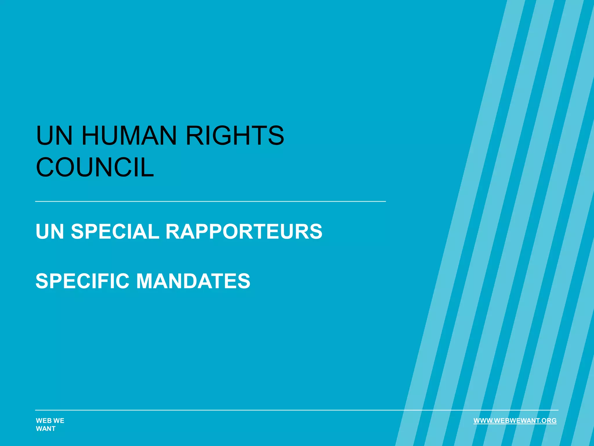 UN HUMAN RIGHTS
COUNCIL
UN SPECIAL RAPPORTEURS
SPECIFIC MANDATES
WEB WE
WANT
WWW.WEBWEWANT.ORG
 