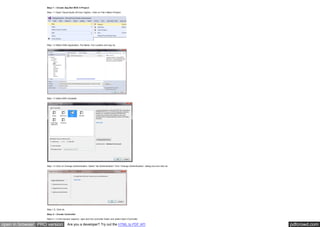 pdfcrowd.comopen in browser PRO version Are you a developer? Try out the HTML to PDF API
Step 1 – Create Asp.Net MVC 5 Project
Step 1.1 Open Visual studio 2013(or higher). Click on File>>New>>Project.
Step 1.2 Select Web Application. Put Name. Put Location and say ok.
Step 1.3 Select MVC template
Step 1.4 Click on Change Authentication. Select “No Authentication” from “Change Authentication” dialog box and click ok.
Step 1.5. Click ok.
Step 2 – Create Controller
Step 2.1. In the solution explorer, right click the controller folder and select Add>>Controller
 