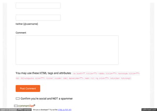 pdfcrowd.comopen in browser PRO version Are you a developer? Try out the HTML to PDF API
twitter (@username)
Comment
You may use these HTML tags and attributes: <a href="" title=""> <abbr title=""> <acronym title="">
<b> <blockquote cite=""> <cite> <code> <del datetime=""> <em> <i> <q cite=""> <strike> <strong>
Post Comment
Confirm you're social and NOT a spammer
 
