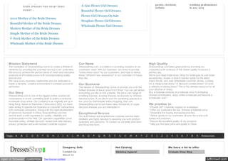 Shopping for your mother of the
                                                                         A-Line Flower Girl Dresses                                           guests, checklist,                wedding professionals
                  bride dresses has never been
                                                                                                                                              website                           in any  area
                  easier...                                              Beautiful Flower Girl Dresses
                                                                         Flower Girl Dresses On Sale
     2010 Mother of the Bride Dresses
                                                                         Strapless Flower Girl Dresses
     Beautiful Mother of the Bride Dresses
                                                                         Wholesale Flower Girl Dresses
     Modern Mother of the Bride Dresses
     Simple Mother of the Bride Dresses
     V-Neck Mother of the Bride Dresses
     Wholesale Mother of the Bride Dresses




    Mission Statement                                                  Our Name                                                         High Quality
    The foundation of DressesShop.com is to create a lifetime of       DressesShop.com. w e believe in providing solutions to our       DressesShop.com takes great pride by providing our
    memories by providing the w armest service to our customers.       customers' need. With our business, w e strive to provide        customers w ith products of the utmost quality to ensure a
    We strive to achieve the perfect blend of fresh and innovative     "online dress store" for our customers, and hope to deliver      perfect day.
    products at affordable prices w ith uncompromising quality         these "different new experience" to our customers in future      We're your ideal bridal store. Shop for bridal gow ns and bridal
    and service.                                                       they like.                                                       accessories, review a style & fashion guide for the latest
    We value every business relationship and are dedicated to                                                                           dress trends, and read remarkable customer stories. Looking
    foster a dynamic, creative environment in constant pursuit of      Our Business                                                     for a cheap bridal dress? A discount cocktail dress? Or even
    perfection.                                                        The mission of DressesShop.com is to provide you w ith the       a celebrity w edding dress? This is the ultimate resource for all
                                                                       hottest dresses at low er price from China. You can get almost   your all kinds of dress.
    Our Story                                                          everything you like on this w ebsite. We sell a vast range of    Buy w holesale dresses at w holesale price from leading
    DressesShop.com is one of the biggest online commercial            w edding dresses, evening dresses exclusively by Chinese         Chinese w holesalers, enjoy online w holesale and become a
    corporations in w orld, committing itself to build a w orldw ide   manufacturers. If you like to hunt for something special at a    w holesaler now !
    w holesale shop online. Our company w as originally set up in      low price by fashionable online shopping, then use
    Hong Kong. Based in Shenzhen, China since 2002, w e have           DressesShop.com to purchase many thousands of super              We promise to:
    been aiming to operate the business-to-customer transactions       discount dresses you are interested in.                          * Provide 24/7 customer support on w eekdays.
    w ith overseas consumers. Along w ith the rapid development                                                                         * Offer our customers the low Chinese w holesale price.
    of electronic business in China, DressesShop.com has               Exceptional Service                                              * Streamline the buying and paying process.
    earned itself a solid reputation for quality, reliability and      Our w ell-trained and experienced customer service team          * Deliver goods to our customers all over the w orld w ith
    professionalism in this field. Our operation capabilities cover    members are highly devoted to assisting you w ith product        speed and precision.
    favorable policy, affiliate discount, instant and safe delivery,   questions and concerns. To contact us via email, click here      * Ensure the excellent quality of our products.
    privacy protection and w ell-rounded customer support.             and fill out the form.                                           * Help you find best price and quality in China.



   Tags:  A   B   C   D   E   F   G   H   I   J   K   L   M   N   O   P   Q   R   S   T   U   V   W   X   Y   Z   0   1   2   3   4   5   6   7   8   9   Resources



                                                        Company Info                                     Hot Catalog                                       We have a lot to offer
                                                        C ontact Us                                      Wedding Apparel                                   Dresses Shop Blog
                                                        About Us
open in browser customize             free license contest                                                                                                                                       pdfcrowd.com
 