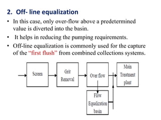 2. Off- line equalization
• In this case, only over-flow above a predetermined
value is diverted into the basin.
• It helps in reducing the pumping requirements.
• Off-line equalization is commonly used for the capture
of the “first flush” from combined collections systems.
 
