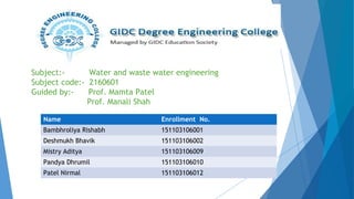 Subject:- Water and waste water engineering
Subject code:- 2160601
Guided by:- Prof. Mamta Patel
Prof. Manali Shah
Name Enrollment No.
Bambhroliya Rishabh 151103106001
Deshmukh Bhavik 151103106002
Mistry Aditya 151103106009
Pandya Dhrumil 151103106010
Patel Nirmal 151103106012
 
