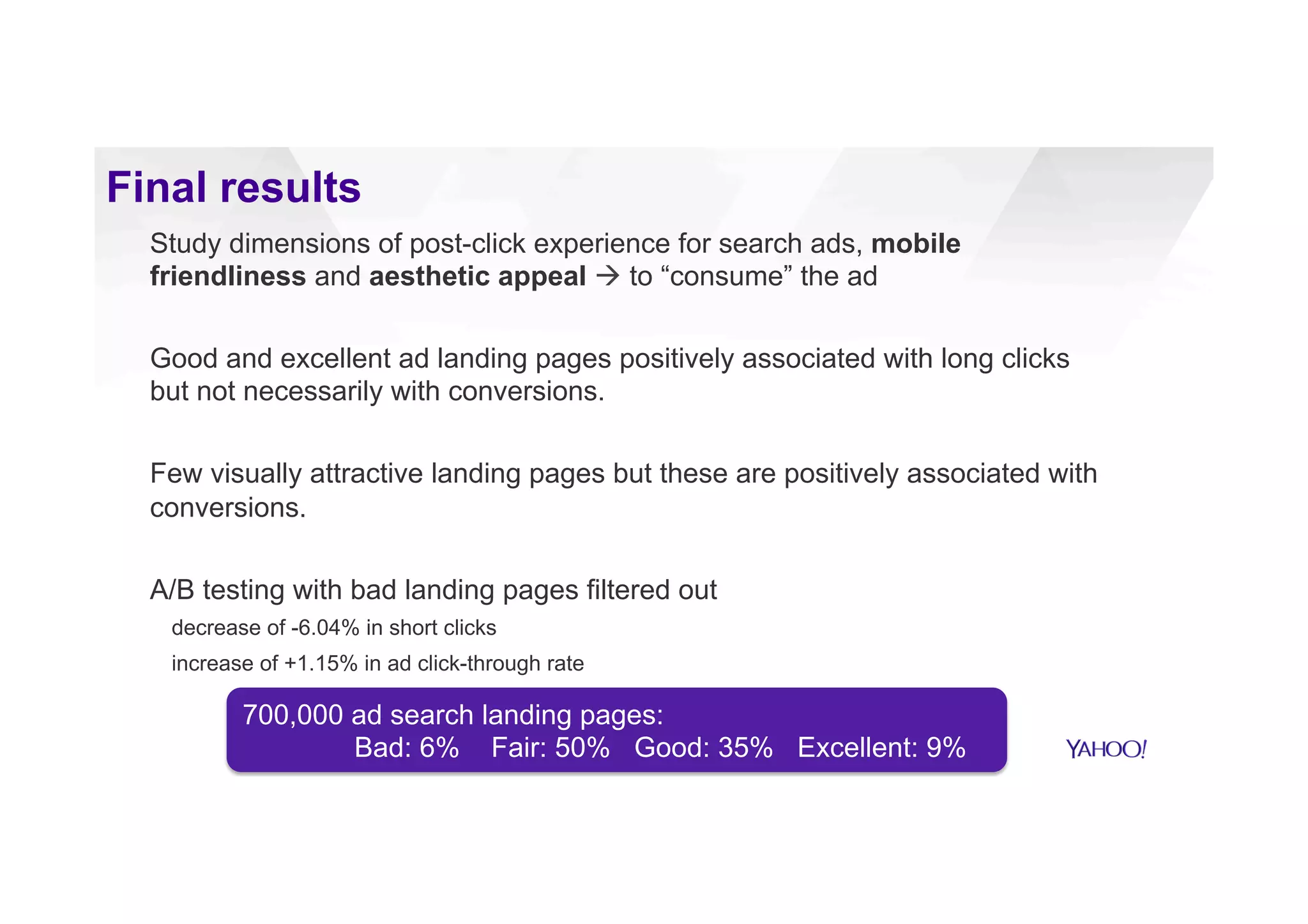 Study dimensions of post-click experience for search ads, mobile
friendliness and aesthetic appeal à to “consume” the ad
Good and excellent ad landing pages positively associated with long clicks
but not necessarily with conversions.
Few visually attractive landing pages but these were positively associated
with conversions.
A/B testing with bad landing pages filtered out
decrease of -6.04% in short clicks
increase of +1.15% in ad click-through rate
Final results
700,000 ad search landing pages:
Bad: 6% Fair: 50% Good: 35% Excellent: 9%
 