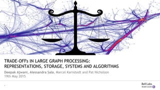 1
TRADE-OFFs IN LARGE GRAPH PROCESSING:
REPRESENTATIONS, STORAGE, SYSTEMS AND ALGORITHMS
Deepak Ajwani, Alessandra Sala, Marcel Karnstedt and Pat Nicholson
19th May 2015
 