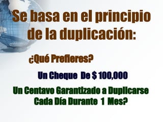 Se basa en el principio de la duplicación: ¿ Qué Prefieres?   Un Cheque  De $ 100,000 Un Centavo Garantizado a Duplicarse Cada Día Durante  1  Mes? 