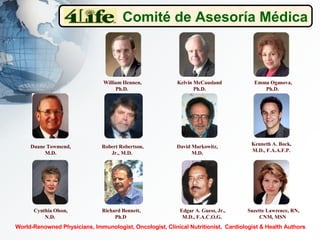 William   Hennen, Ph.D.   Duane Townsend, M.D. Robert Robertson, Jr., M.D.   Emma Oganova, Ph.D.   Cynthia Olson, N.D.   Richard Bennett, Ph.D   Suzette Lawrence, RN, CNM, MSN   Edgar A. Guess, Jr., M.D., F.A.C.O.G.   Comité de Asesoría Médica World-Renowned Physicians, Immunologist, Oncologist, Clinical Nutritionist,  Cardiologist & Health Authors Kelvin McCausland Ph.D. David Markowitz, M.D. Kenneth A. Bock, M.D., F.A.A.F.P. 