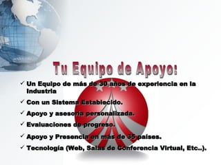 Un Equipo de más de 30 años de experiencia en la Industria Con un Sistema Establecido. Apoyo y asesoría personalizada. Evaluaciones de progreso. Apoyo y Presencia en más de 35 países .  Tecnología (Web, Salas de Conferencia Virtual, Etc..). Tu Equipo de Apoyo: Tu Equipo de Apoyo: 