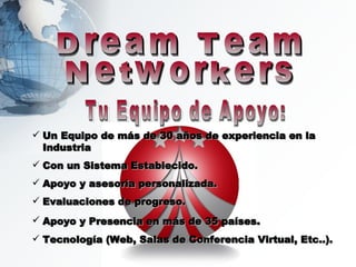 Un Equipo de más de 30 años de experiencia en la Industria Con un Sistema Establecido. Apoyo y asesoría personalizada. Evaluaciones de progreso. Apoyo y Presencia en más de 35 países .  Tecnología (Web, Salas de Conferencia Virtual, Etc..). Tu Equipo de Apoyo: Tu Equipo de Apoyo: Dream Team Networkers Dream Team Networkers 