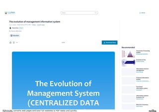 PDFmyURL converts web pages and even full websites to PDF easily and quickly.
Search Upload
Theevolutionofmanagementinformationsystem
Jul 17, 2019 • Download as PPTX, PDF • 8likes • 18,343views
Education
for future reference
Recommended
TransactionProcessing
System
Evolutionofmis
Informationresource
management
FinancialInformation
System
Functional
informationsystem
InformationSystems
Evolution(IS)
Roleofitinbusiness
MohammedKashifulla
AnushaSumala
DhaniAhmad
universityofeducation,L…
amazing19
HelmeeHalim
RohitParkar
CherylAsia Follow
1 of 11 DownloadNow
 