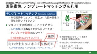 紹介論⽂2:AMultimodalTextMatchingModelforObfuscatedLanguageIdentificationinAdversarialCommunication
画像素性: テンプレートマッチングを利⽤
l
• ある画像中において、指定された部分画像の
領域を⾒つけるタスク
l テキストを画像化してマッチさせる
• ⼊⼒画像: OK/NG を判定したいテキスト
• テンプレート画像: NG ワード
18
テンプレートマッチング (template matching)
テンプレート
画像
▶
入
力
画
像
电影中十大令人难忘的果体场面…
（この映画の忘れられないヌードシーンベスト10は…）
裸体① 判定領域を1pxずつずらして⾏く
② 判定領域とテンプレート画像の
類似度を計算 @ 式 (8)
③ 類似度の MaxPool を取って素性に
④ 全ての NG ワードで
同様のステップを繰り返す
テンプレートマッチングの例
 