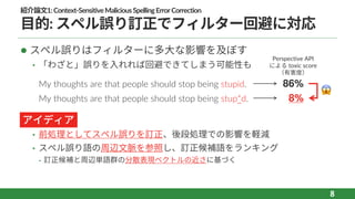 紹介論⽂1:Context-SensitiveMaliciousSpellingErrorCorrection
⽬的: スペル誤り訂正でフィルター回避に対応
l スペル誤りはフィルターに多⼤な影響を及ぼす
• 「わざと」誤りを⼊れれば回避できてしまう可能性も
l
• 前処理としてスペル誤りを訂正、後段処理での影響を軽減
• スペル誤り語の周辺⽂脈を参照し、訂正候補語をランキング
⁃ 訂正候補と周辺単語群の分散表現ベクトルの近さに基づく
8
My thoughts are that people should stop being stupid.
My thoughts are that people should stop being stup*d.
86%
8%
Perspective API
による toxic score
（有害度）
😱
アイディア
 
