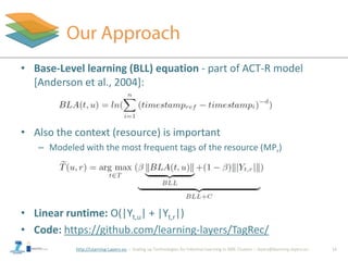 http://Learning-Layers-eu
• Base-Level learning (BLL) equation - part of ACT-R model
[Anderson et al., 2004]:
• Also the context (resource) is important
– Modeled with the most frequent tags of the resource (MPr)
• Linear runtime: O(|Yt,u| + |Yt,r|)
• Code: https://github.com/learning-layers/TagRec/
11
 