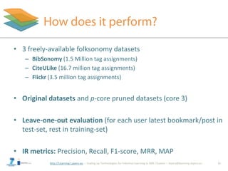http://Learning-Layers-eu
• 3 freely-available folksonomy datasets
– BibSonomy (1.5 Million tag assignments)
– CiteULike (16.7 million tag assignments)
– Flickr (3.5 million tag assignments)
• Original datasets and p-core pruned datasets (core 3)
• Leave-one-out evaluation (for each user latest bookmark/post in
test-set, rest in training-set)
• IR metrics: Precision, Recall, F1-score, MRR, MAP
12
 