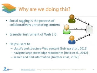 http://Learning-Layers-eu
• Social tagging is the process of
collaboratively annotating content
• Essential instrument of Web 2.0
• Helps users to
– classify and structure Web content [Zubiaga et al., 2012]
– navigate large knowledge repositories [Helic et al., 2012]
– search and find information [Trattner et al., 2012]
4
 