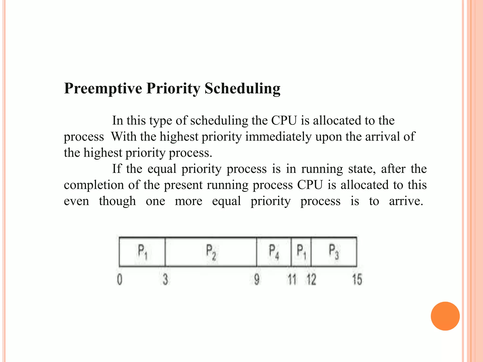 Preemptive Priority Scheduling
In this type of scheduling the CPU is allocated to the
process With the highest priority immediately upon the arrival of
the highest priority process.
If the equal priority process is in running state, after the
completion of the present running process CPU is allocated to this
even though one more equal priority process is to arrive.
 