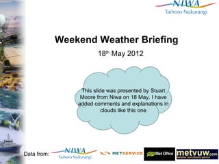 Weekend Weather Briefing
                        18th May 2012




                  This slide was presented by Stuart
                  Moore from Niwa on 18 May. I have
                 added comments and explanations in
                           clouds like this one




Data from:
 