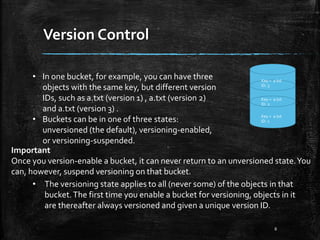 Version Control
8
Key = a.txt
ID: 1
Key = a.txt
ID: 2
Key = a.txt
ID: 3
• In one bucket, for example, you can have three
objects with the same key, but different version
IDs, such as a.txt (version 1) , a.txt (version 2)
and a.txt (version 3) .
• Buckets can be in one of three states:
unversioned (the default), versioning-enabled,
or versioning-suspended.
• The versioning state applies to all (never some) of the objects in that
bucket.The first time you enable a bucket for versioning, objects in it
are thereafter always versioned and given a unique version ID.
Important
Once you version-enable a bucket, it can never return to an unversioned state.You
can, however, suspend versioning on that bucket.
 