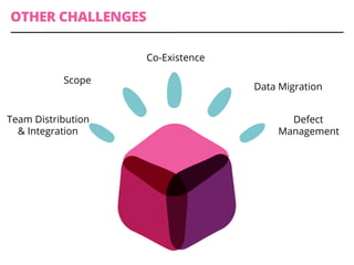 OTHER CHALLENGES
Team Distribution
& Integration
Scope
Co-Existence
Data Migration
Defect
Management
 