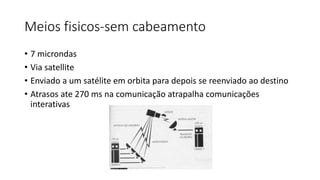 Meios fisicos-sem cabeamento
• 7 microndas
• Via satellite
• Enviado a um satélite em orbita para depois se reenviado ao destino
• Atrasos ate 270 ms na comunicação atrapalha comunicações
interativas
 
